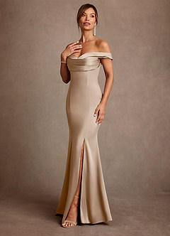 Azazie Boone Klänningar till brudens mor Klä Sjöjungfru i Stretch Satin Av axeln Taupe image4