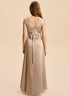 Azazie Kiki Junior Taupe A-Line Bow Stretch Satin Dress image1