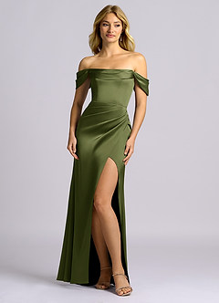 Azazie Auden Bridesmaid Dresses Olive Sheath Off the Shoulder Stretch Satin Convertible Dress image1