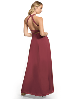 Azazie Clarice Vestidos de damas de honor Vestido de Merlot de Gasa de Corte en A con Halter image4