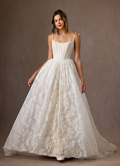 Azazie Demetria Wedding Dresses Diamond White Champagne Ball-Gown Strapless Lace Dress image3
