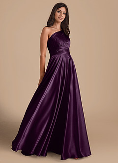 Azazie Charlize Bridesmaid Dresses Plum A-Line One Shoulder Metallic Satin Dress image4