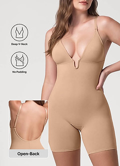 front Dyb V-hals bodystocking med lav ryg og shapewear