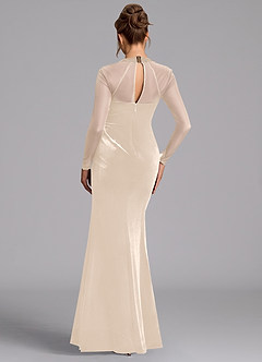 Azazie Megan Final Sale Champagne Mermaid Long Sleeve Mesh Dress image2