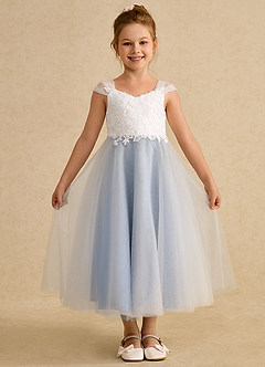 Azazie Momo Flower Girl Dresses Ivory Steel Blue A-Line Lace Dress image1