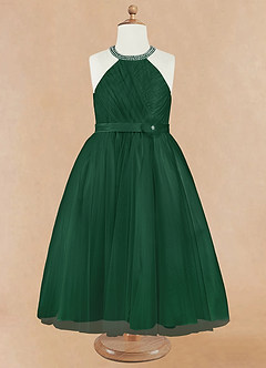 Azazie Honey Flower Girl Dresses Dark Green A-Line Beaded Matte Satin Dress image7