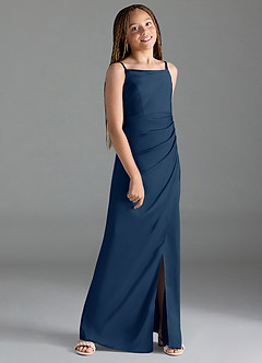 Azazie Leonis Junior Dark Navy A-Line Pleated Stretch Satin Dress image3
