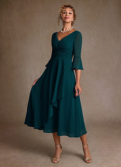 Azazie Aerynne 신부의 어머니 드레스 A라인 주름진 쉬폰 티 길이 드레스 image3