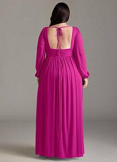 Azazie Norah Bridesmaid Dresses Fuchsia A-Line V-Neck Long Sleeve Chiffon Dress image7