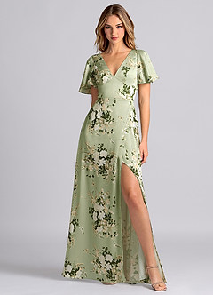 Azazie Lani Bridesmaid Dresses Floral Vines A-Line Flounce Sleeve Stretch Satin Dress image1
