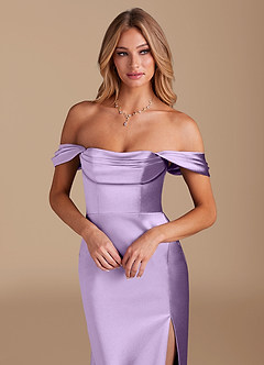 Azazie Saige Bridesmaid Dresses Lilac A-Line Off the Shoulder Metallic Satin Convertible Dress image3
