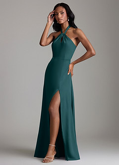 Azazie Tracie Bridesmaid Dresses Pine A-Line Side Slit Stretch Satin Dress image4