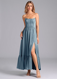 Azazie Leilana Robes de demoiselle d'honneur Robe Trapèze en Satin extensible Corset Bleu Poussiéreux image3
