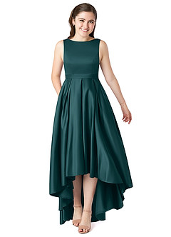 Azazie Inaya Junior Pine A-Line with Belt Stretch Satin Dress image1
