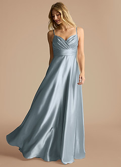 Azazie Oliana Robes de demoiselle d'honneur Robe Trapèze en Satiné métallisé Plissée Bleu Poussiéreux image2