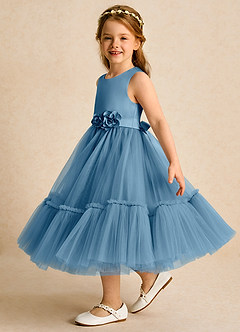 Azazie Miracle vestidos de niña de las flores Vestido de Azul Acero de Satin Mate de Corte En A con Lazo image3