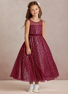 Azazie Siwa Flower Girl Dresses Burgundy A-Line Beaded Tulle Dress image2