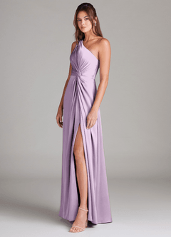 Azazie Brooke Bridesmaid Dresses Frosted Lilac A-Line One Shoulder Stretch Satin Dress image4