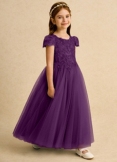 Azazie Puff Flower Girl Dresses Grape Ball-Gown Lace Tulle Dress image3