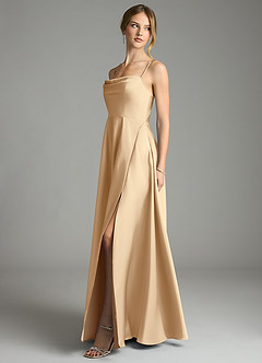 Azazie Elle Bridesmaid Dresses Champagne A-Line Pleated Stretch Satin Dress image3