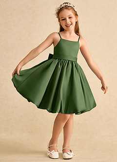 Azazie Davine Flower Girl Dresses Olive A-Line Spaghetti Strap Matte Satin Dress image2
