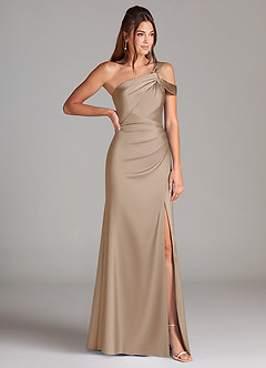 Azazie Wynter Bridesmaid Dresses Taupe Sheath Off the Shoulder Stretch Satin Dress image4