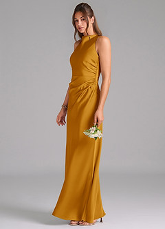 Azazie Evadne Bridesmaid Dresses Butterscotch Sheath Pleated Stretch Satin Dress image1