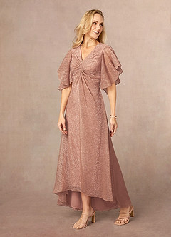 Azazie Mollina Mother of the Bride Dresses Rose Gold A-Line Ruffle Flutter Sleeve Metallic Mesh Dress image2