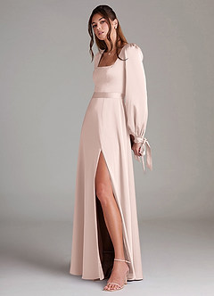 Azazie Leonia Bridesmaid Dresses Blushing Pink A-Line Long Sleeve Stretch Satin Dress image5