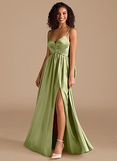 Azazie Alia Bridesmaid Dresses Pistachio A-Line Pleated Metallic Satin Dress image7
