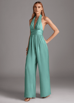 Azazie Oli Vestidos de damas de honor Aqua de Satén Elástico de Mono con Plisado image4