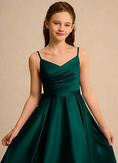 Azazie Sweets Girl 플라워 걸 드레스 A라인 주름진 매트 새틴 비대칭 드레스 image6