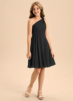 Azazie Charlize Junior Vestido de Negro de Gasa de Corte en A con Plisado image3