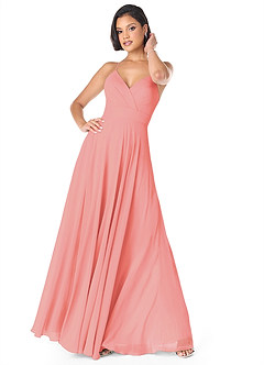 Azazie Avelina Bridesmaid Dresses Coral A-Line V-Neck Pleated Chiffon Dress image1