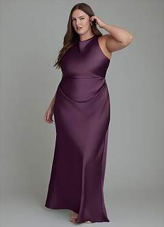 Azazie Evadne Bridesmaid Dresses Plum Sheath Pleated Stretch Satin Dress image11