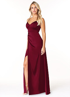 Azazie Marchella Bridesmaid Dresses Burgundy A-Line Corset Stretch Satin Dress image4