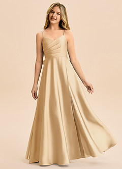 Azazie Rumi Junior Abito A-Line in Raso Elasticizzato Plissettato Oro image1