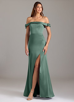 Azazie Zayla Brautjungfernkleider Wandelbar A-Linie Schulterfrei Stretch-Satin Kleid Eukalyptus image1