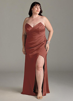Azazie Yola Bridesmaid Dresses Auburn Sheath V-Neck Pleated Stretch Satin Convertible Dress image11