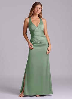 Azazie Amelie Robes de demoiselle d'honneur Robe Trapèze en Satin extensible Plissée Matcha image1