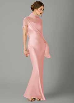Azazie Jaleesa Bridesmaid Dresses Powder Pink A-Line High Neck Stretch Satin Dress image3