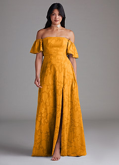 Azazie Sue Bridesmaid Dresses Butterscotch A-Line Off the Shoulder Floral Burnout Convertible Dress image1