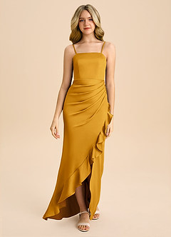 Azazie Buzzy Junior Vestido Caramelo de Cetim elástico de Bainha com Plissado image4