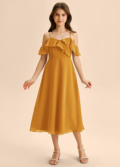 Azazie Kamilla Junior Butterscotch A-Line Off the Shoulder Chiffon Dress image6