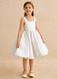 Azazie Honeybun Flower Girl Dresses Ivory A-Line Bow Floral Jacquard Dress image3