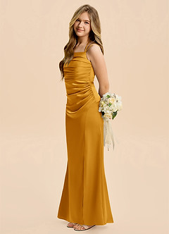 Azazie Nova Junior Butterscotch A-Line Pleated Stretch Satin Dress image1