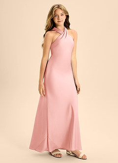 Azazie Doretta Junior Powder Pink A-Line Pleated Stretch Satin Dress image6