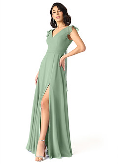 Azazie Claudine Final Sale Matcha A-Line Flutter Sleeve Chiffon Dress image3