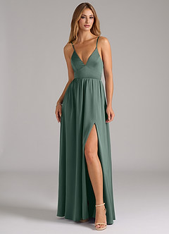 Azazie Aaida Bridesmaid Dresses Sea Moss A-Line Corset Stretch Satin Dress image4