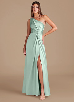 Azazie Brooke Bridesmaid Dresses Agave A-Line One Shoulder Metallic Satin Dress image1